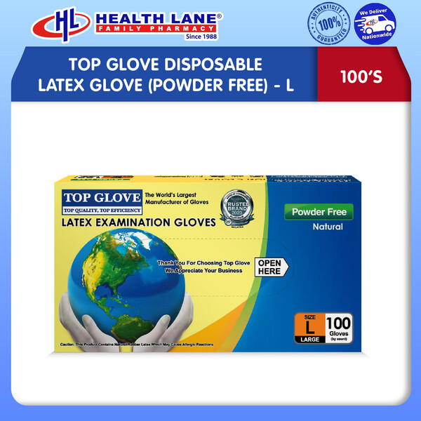 TOP GLOVE EXAMINATION LATEX GLOVE (POWDER FREE) 100'S - L